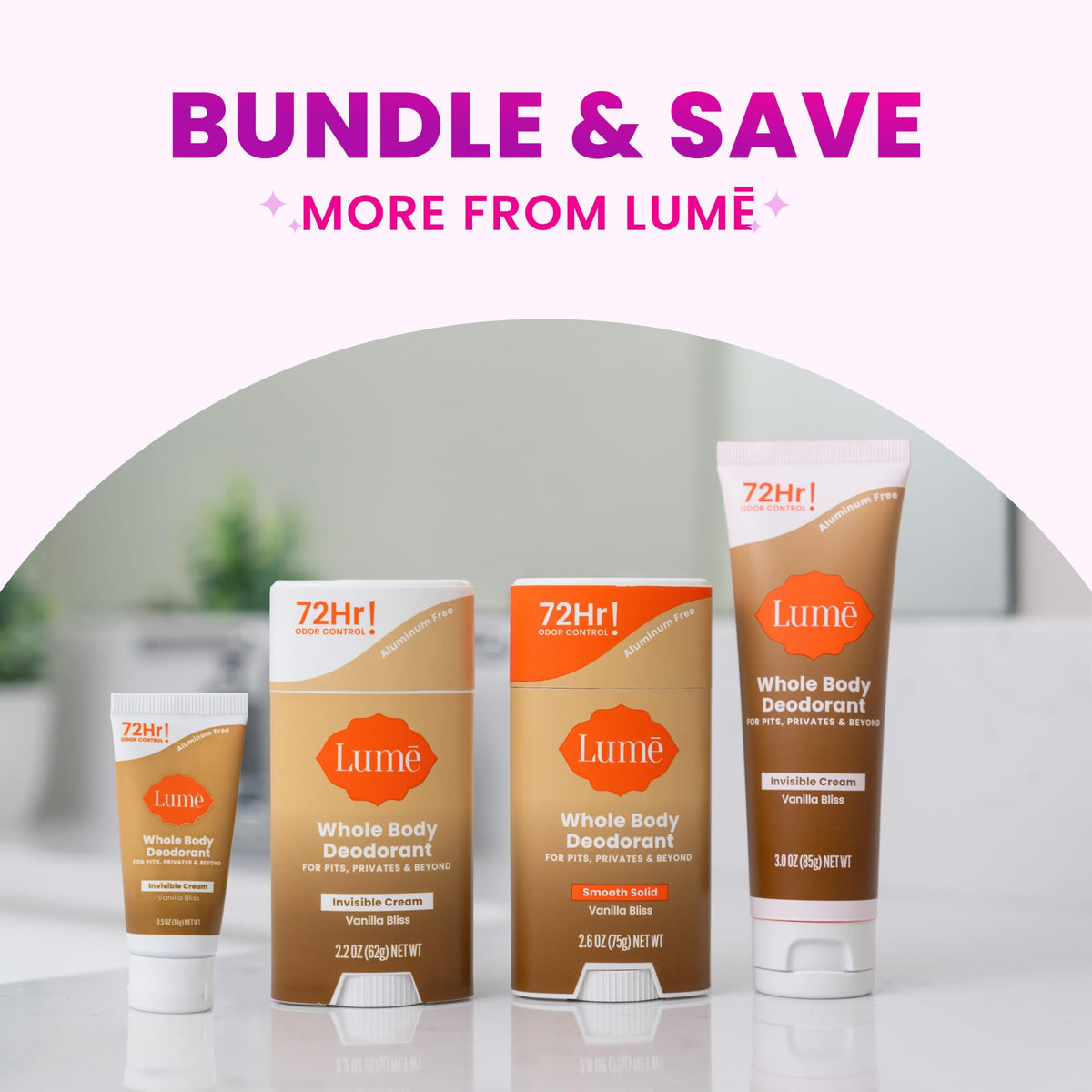 Lume label closeup highlighting aluminum-free, baking-soda-free features