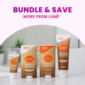Lume label closeup highlighting aluminum-free, baking-soda-free features