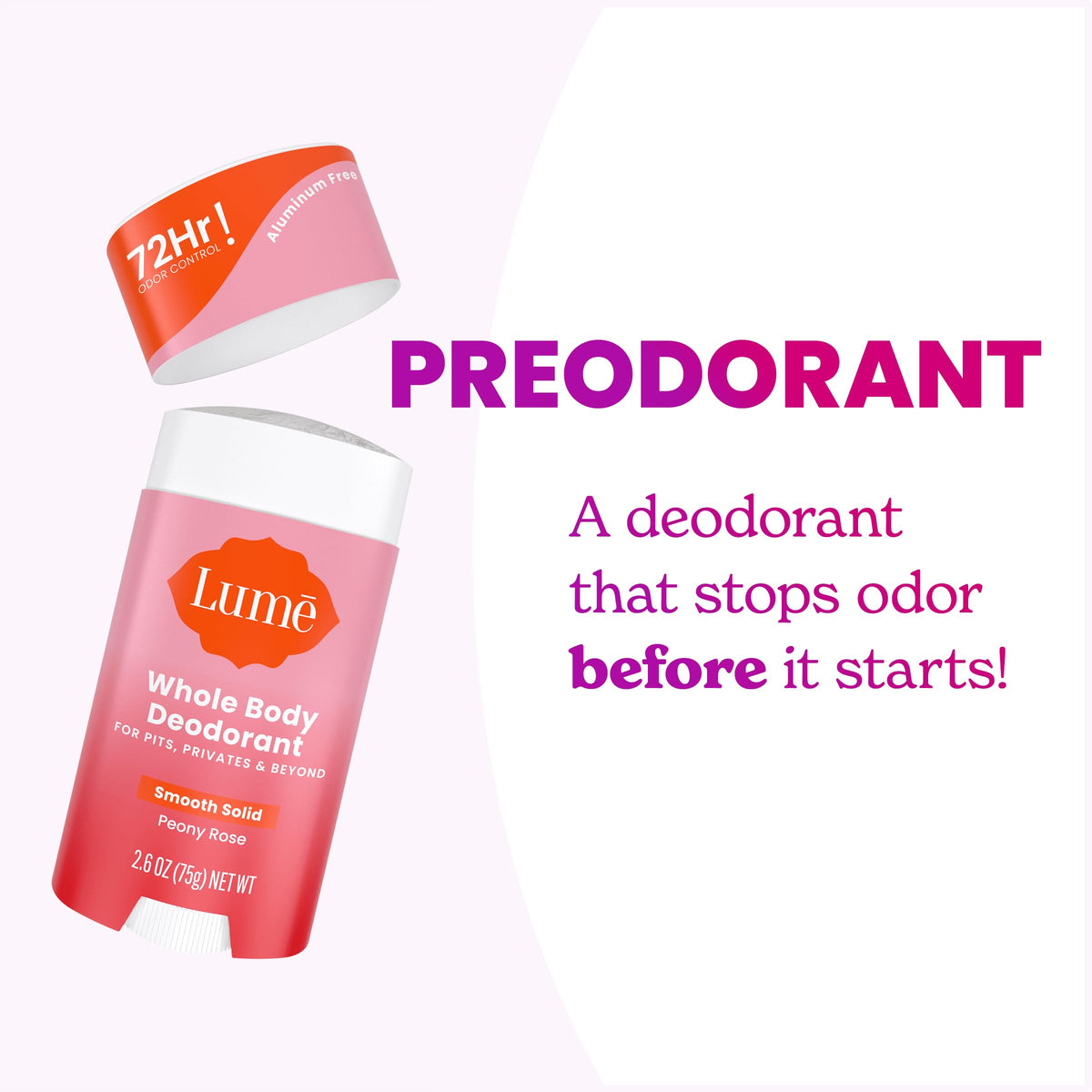 Lume label close-up showing ingredient highlights and baking-soda-free benefit
