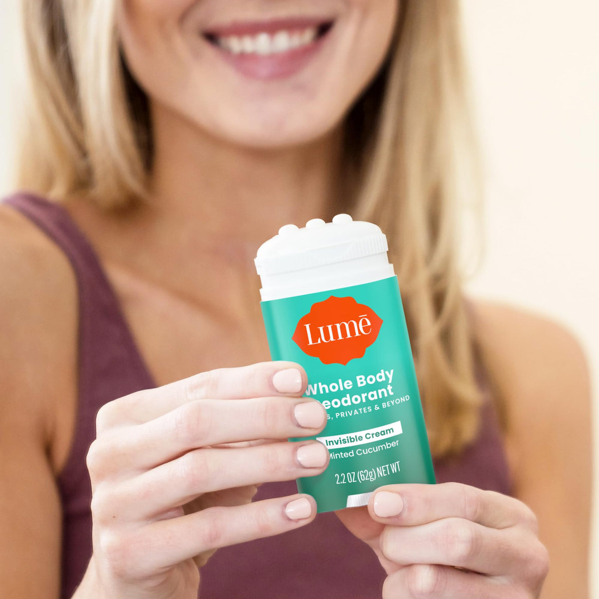 Lume product label close-up highlighting aluminum- and baking-soda-free formula