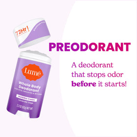Close-up of Lume label listing aluminum-free ingredients and clarity benefit