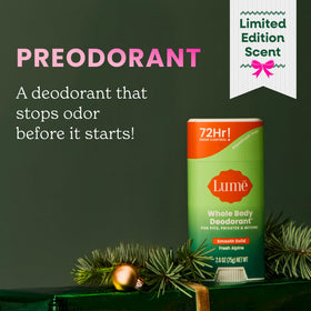 Lume label detail highlighting aluminum-free and baking-soda-free benefits