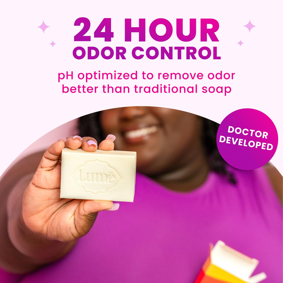 Lume lavender sage cleansing bar front displaying calming scent and long‑lasting odor control benefit