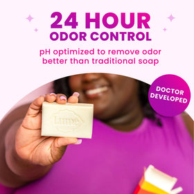 Lume lavender sage cleansing bar front displaying calming scent and long‑lasting odor control benefit