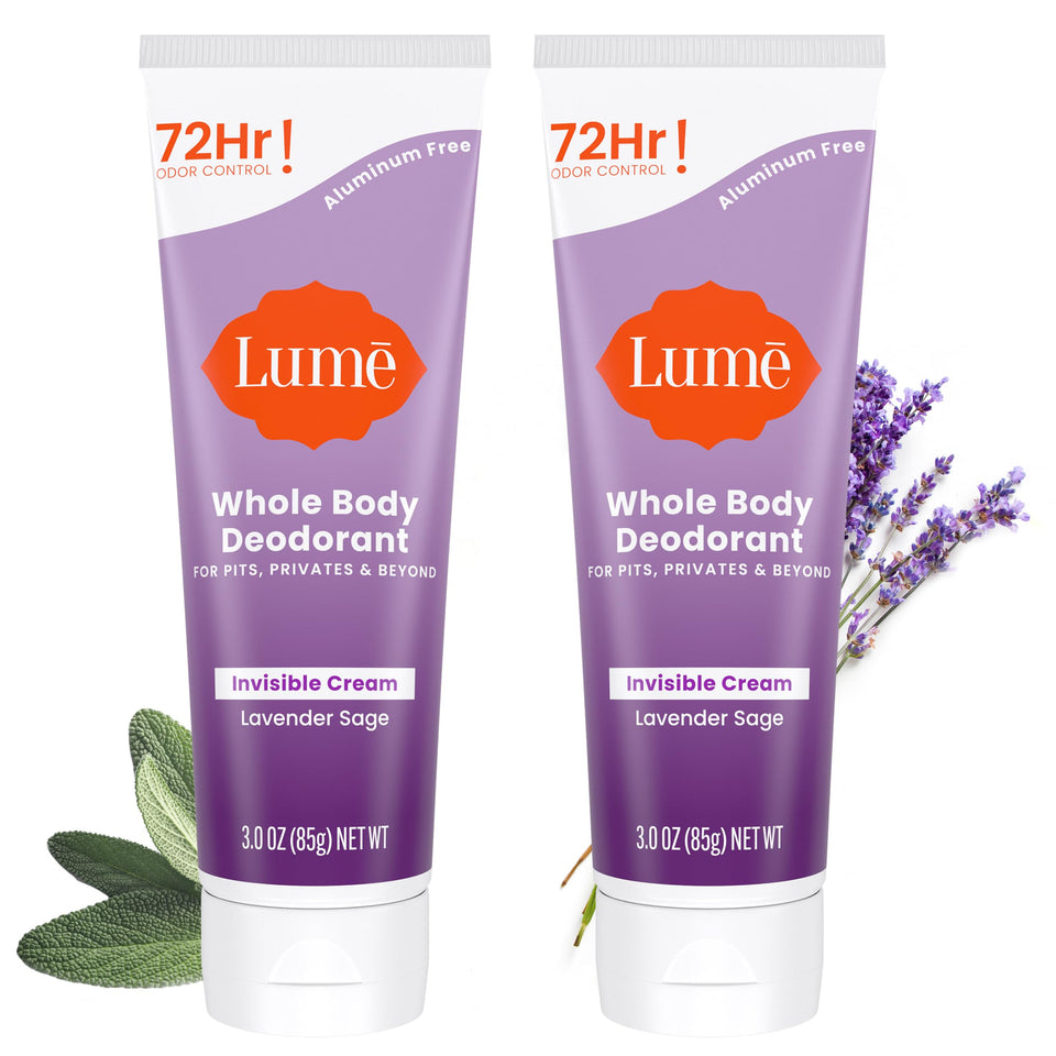 Lume lavender sage front packaging showing two 3.0 oz tubes and scent labeling benefits