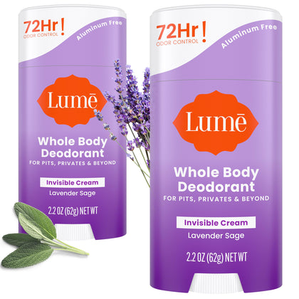 Lume front packaging showing lavender sage scent and two-stick pack benefit
