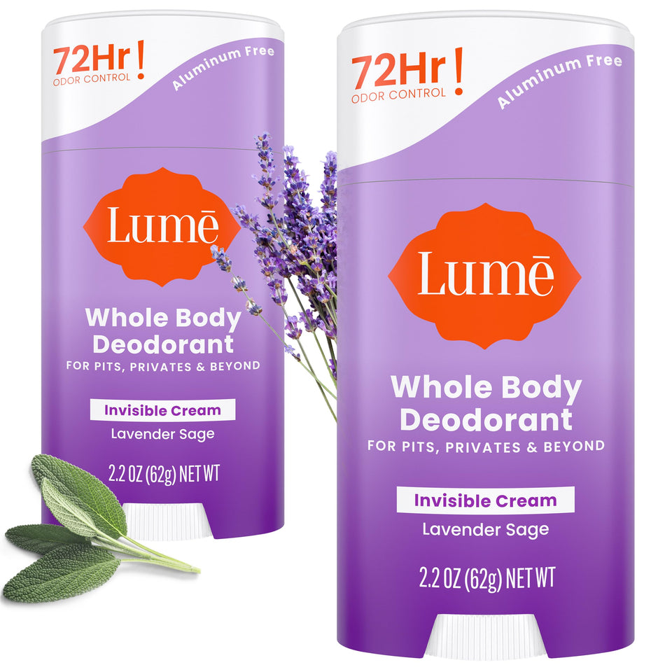 Lume front packaging showing lavender sage scent and two-stick pack benefit