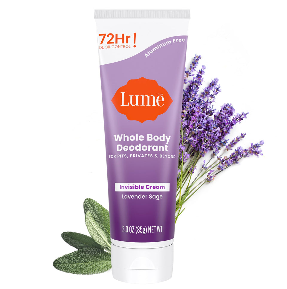 Lume tube front showing Lavender Sage label and clear cream benefit