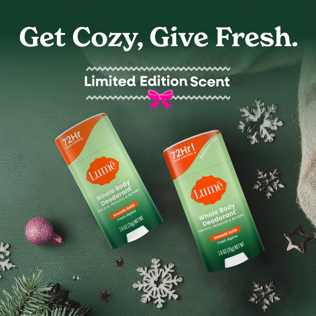 Lume product in outdoor forest setting suggesting clean Fresh Alpine scent