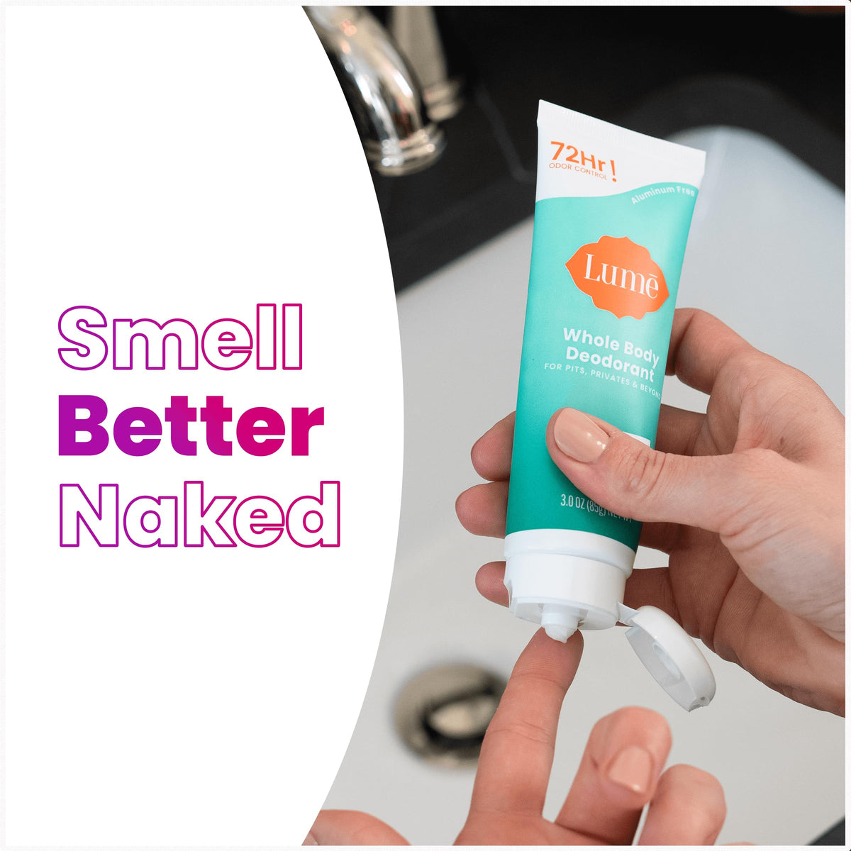 Lume tube staged in a spa-like bathroom conveying fresh, calming scent