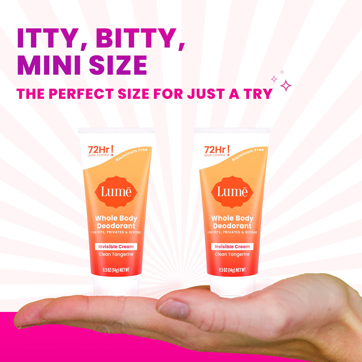 Lume mini tube top closeup highlights twist cap for precise travel application benefit