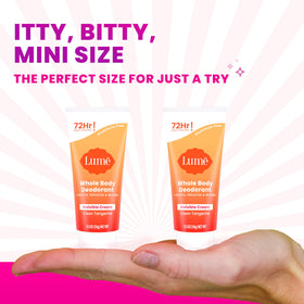 Lume mini tube top closeup highlights twist cap for precise travel application benefit