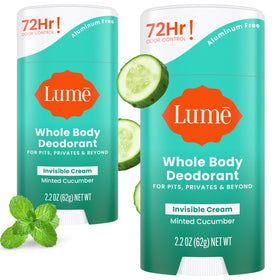 Lume front packaging showing minted cucumber scent and two-pack for freshness