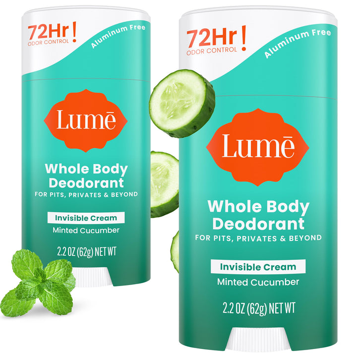 Lume front packaging showing minted cucumber scent and two-pack for freshness