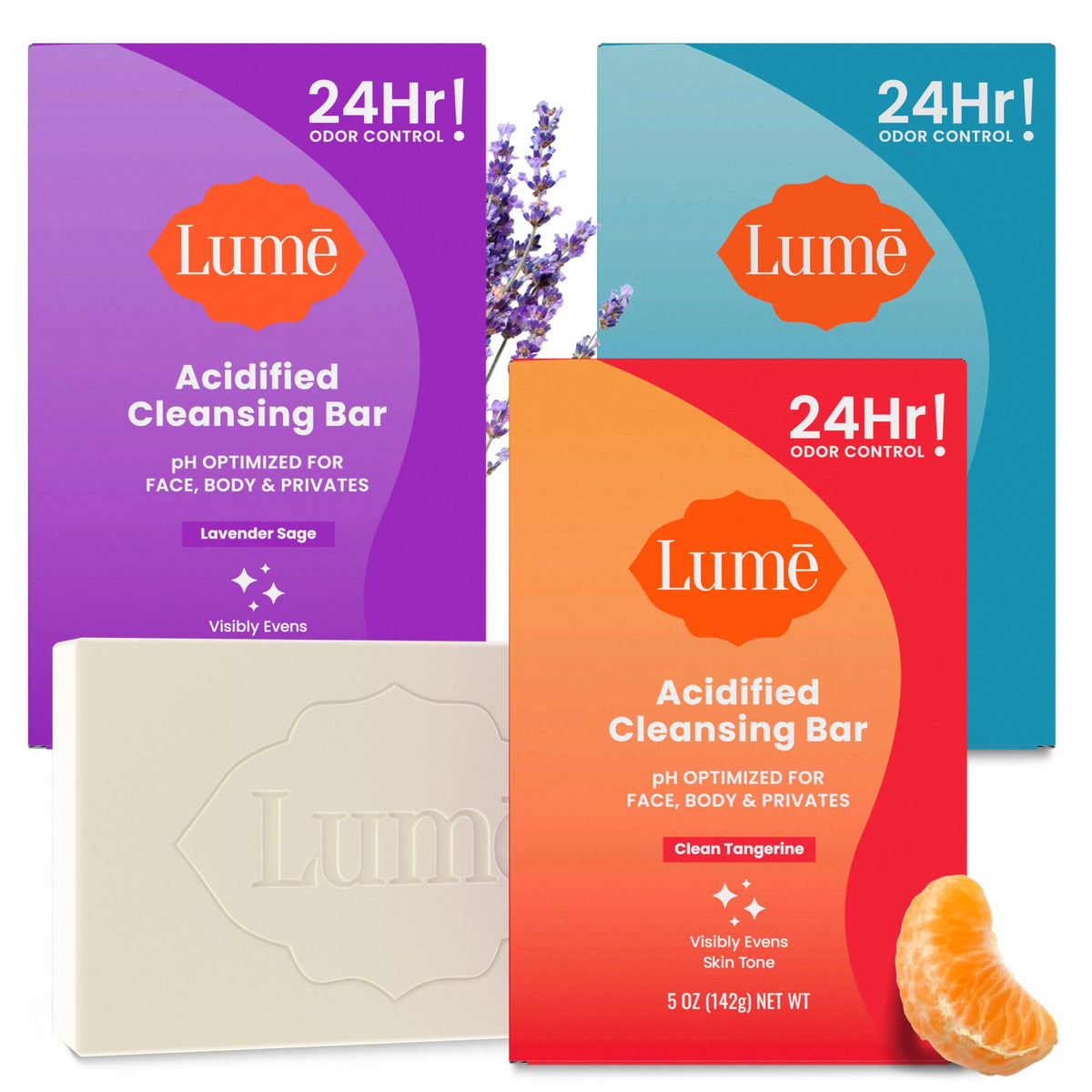 Lume three‑pack front view showing tangerine lavender unscented bars and packaging benefiting odor control
