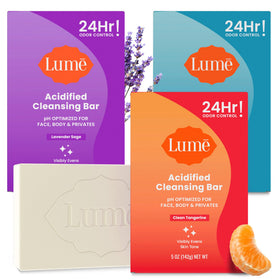 Lume three‑pack front view showing tangerine lavender unscented bars and packaging benefiting odor control