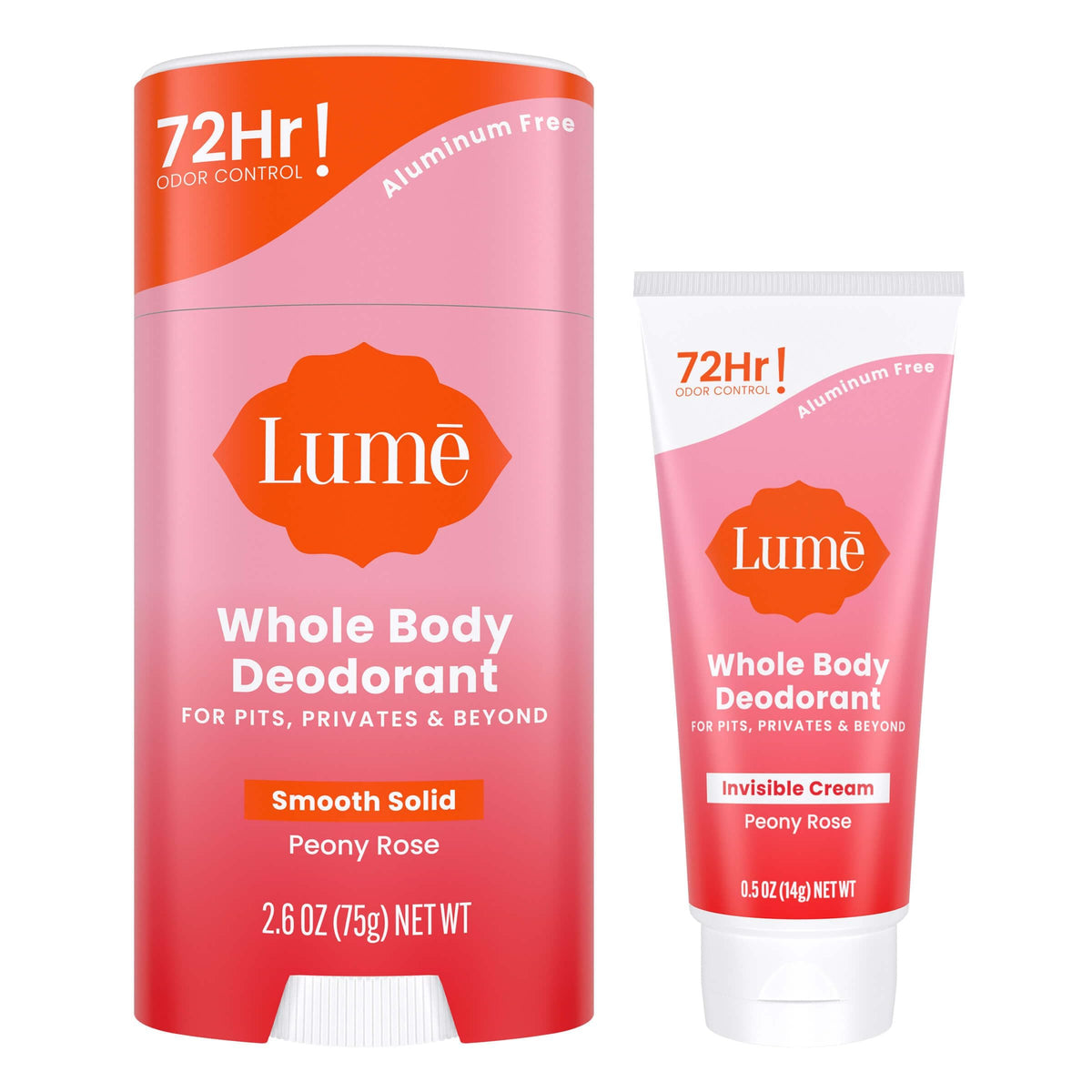 Lume Peony Rose bundle front packaging showing travel sizes and benefits