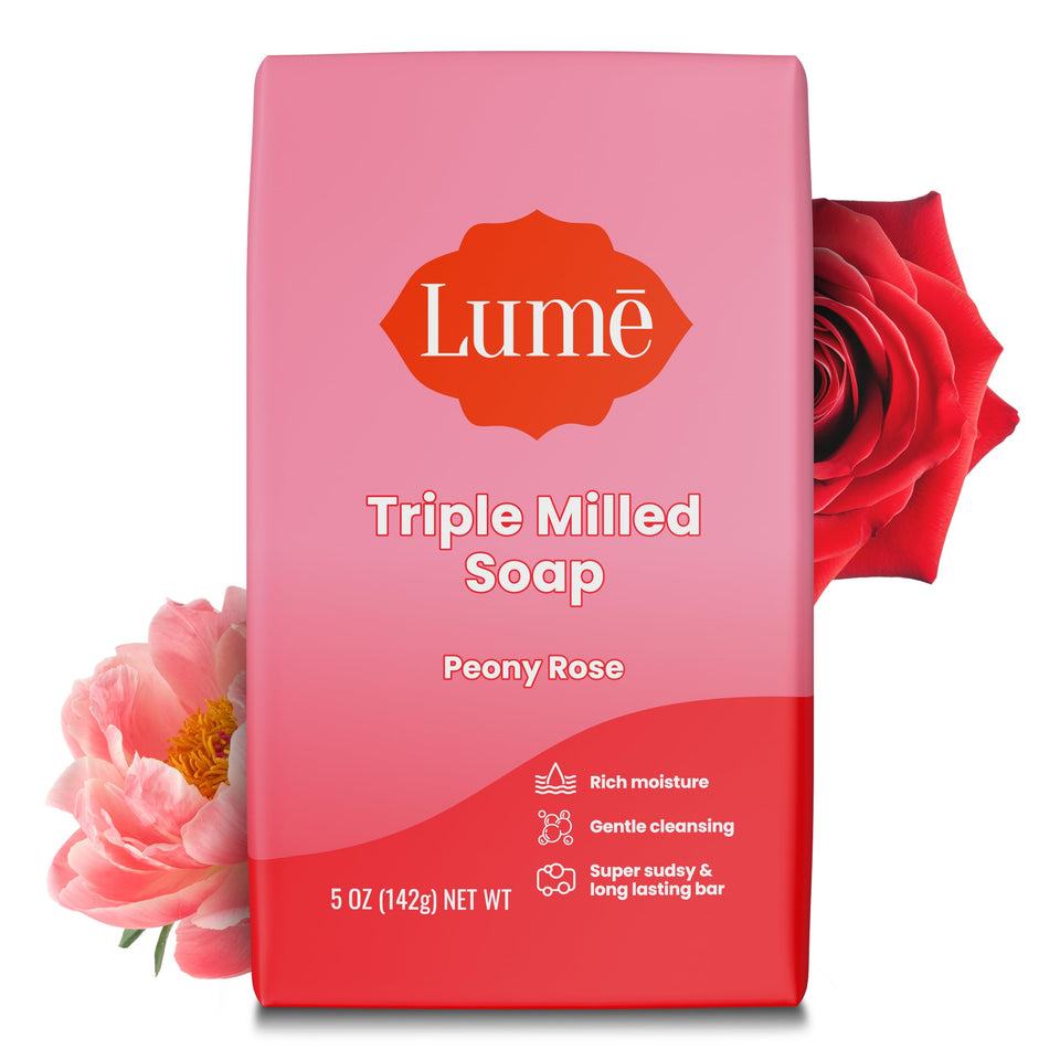 Lume front packaging showing Peony Rose bar and benefits