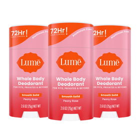 Lume front packaging showing Peony Rose scent and three sticks for long-lasting supply