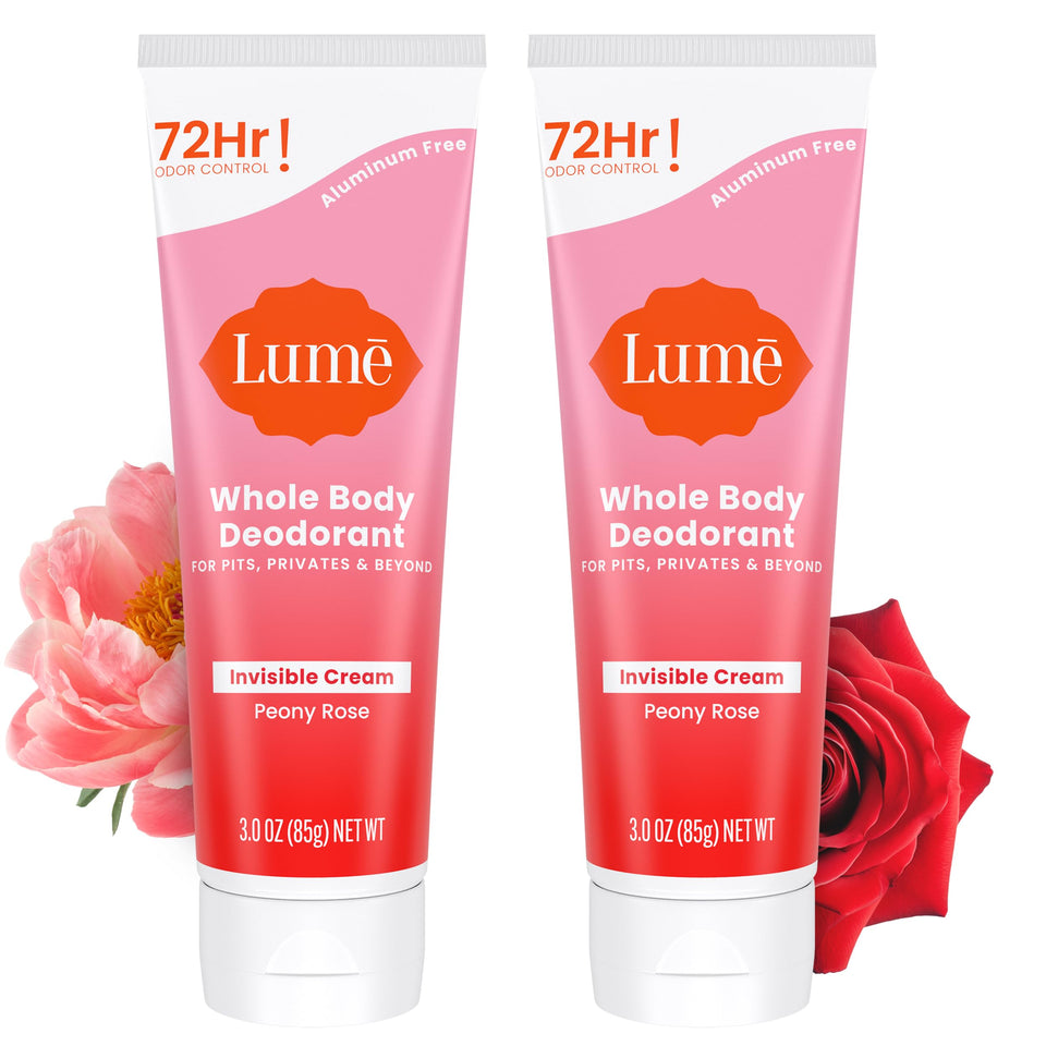 Lume front tube showing peony rose label and convenient travel size benefit