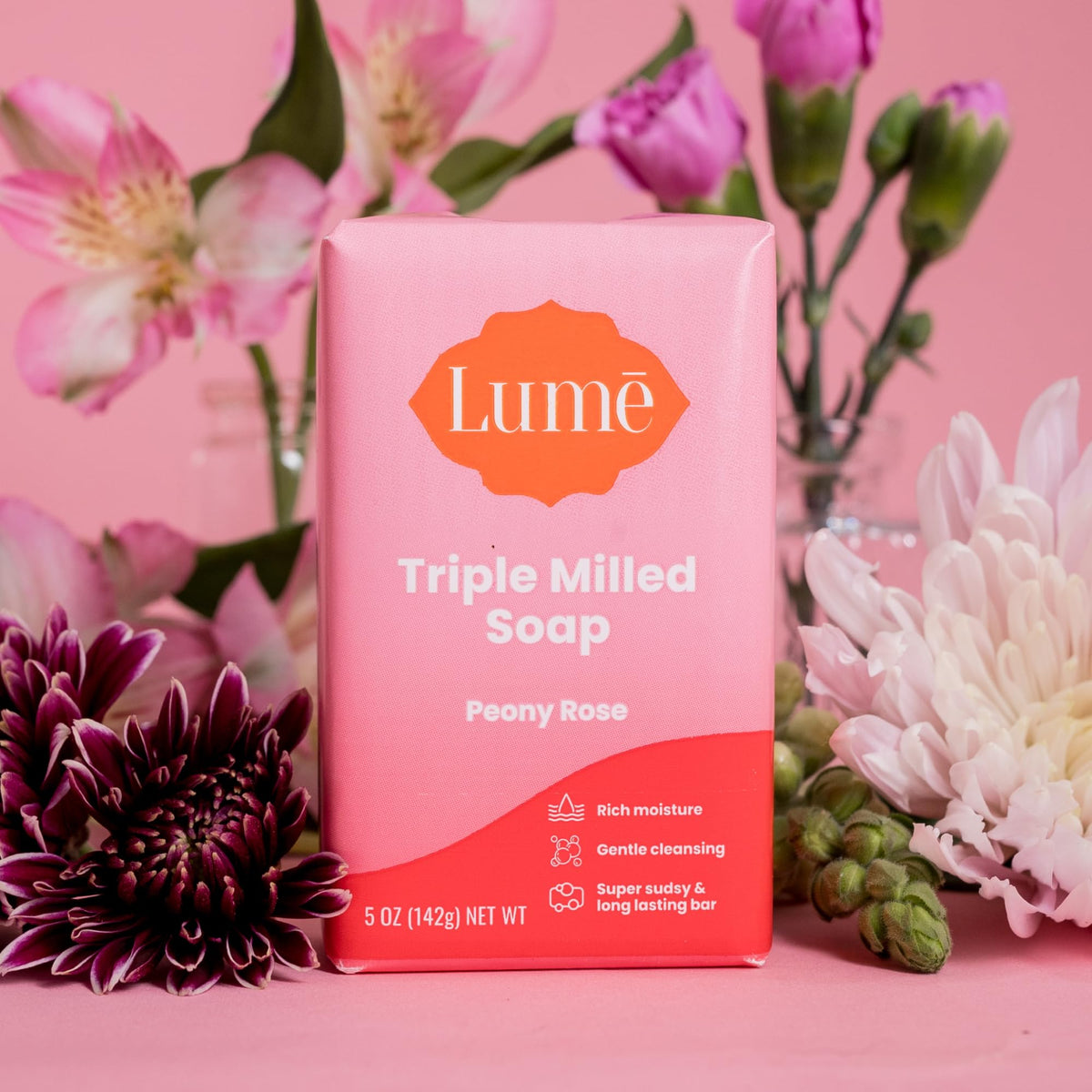 Lume bar on soap dish comparing size and long-lasting benefit