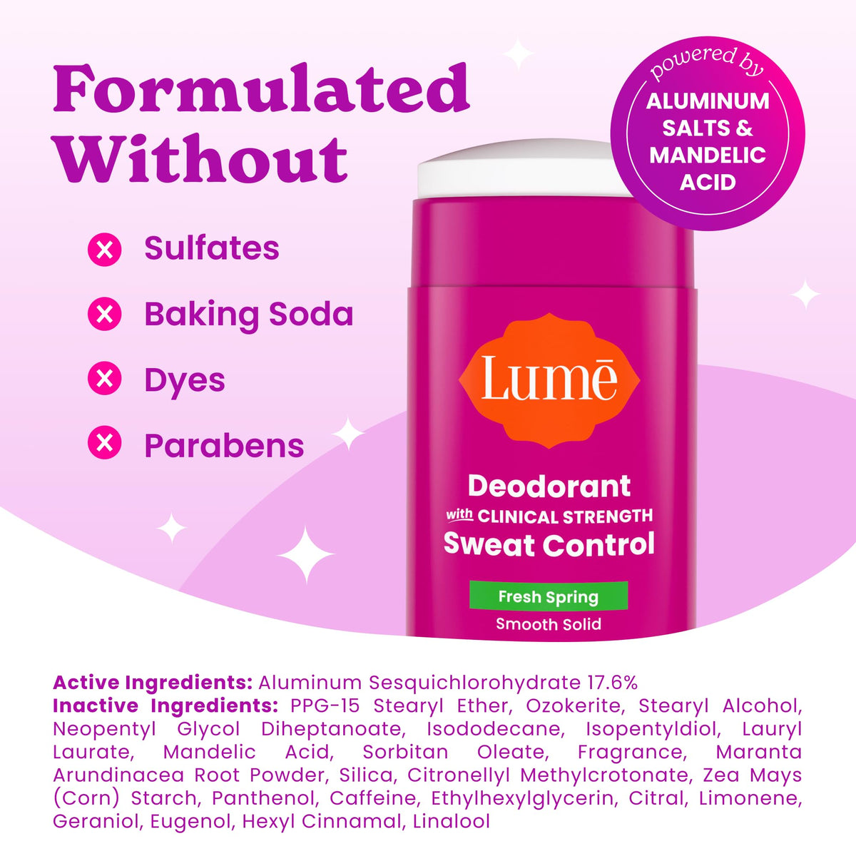 Side label of Lume Smooth Solid listing key ingredients and skin-friendly claims