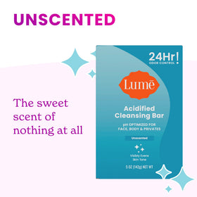 Lume bar held in hand for scale illustrating 8.5 ounce size and long lasting cleansing benefit