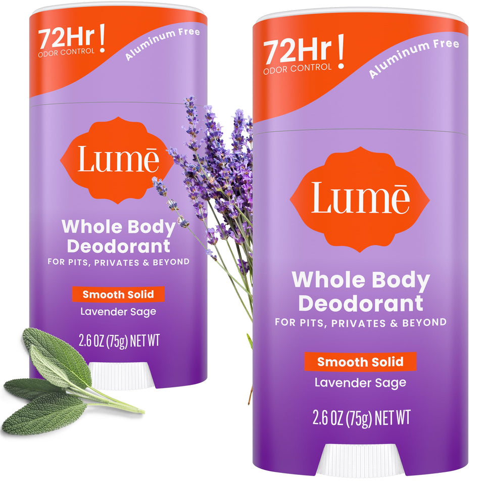 Lume Smooth Solid stick front packaging showing Lavender Sage scent and benefits