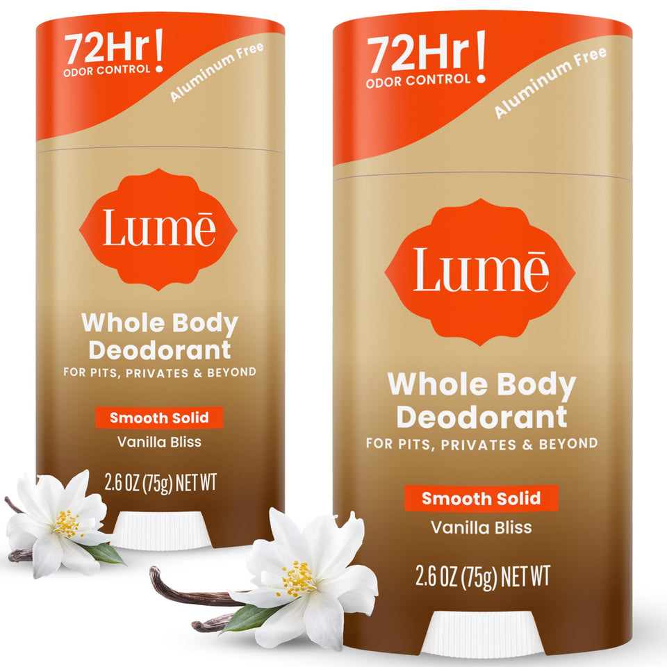 Lume smooth solid front packaging showing Vanilla Bliss and 2-pack benefit