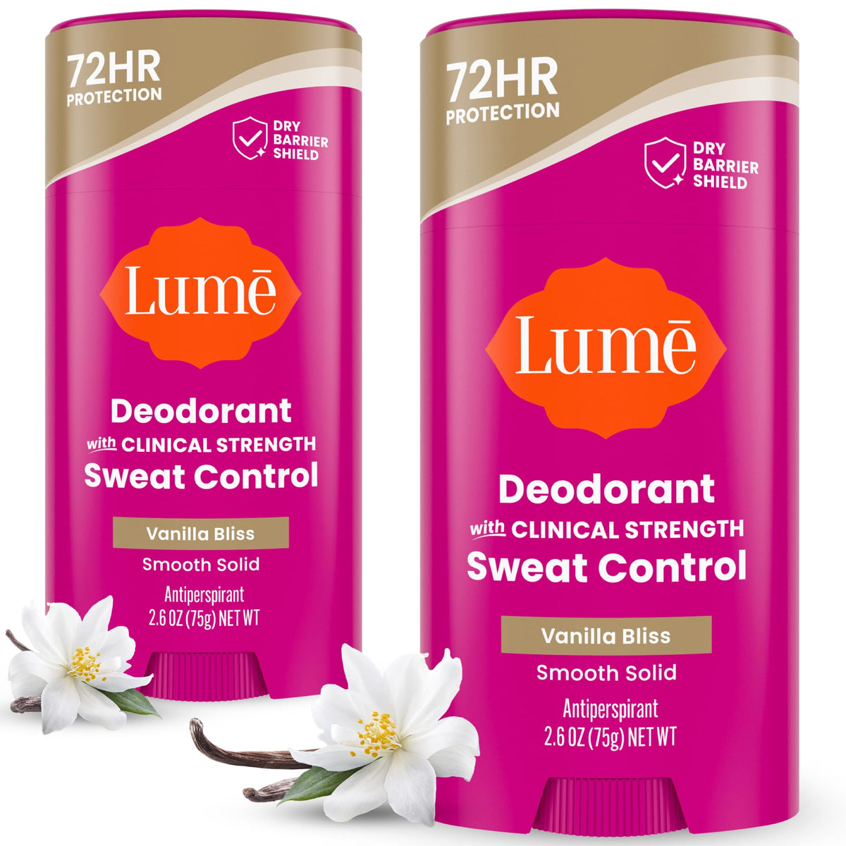 Lume smooth solid front packaging showing Vanilla Bliss scent and benefits