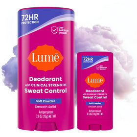 Lume front packaging showing smooth solid stick and soft powder scent benefits