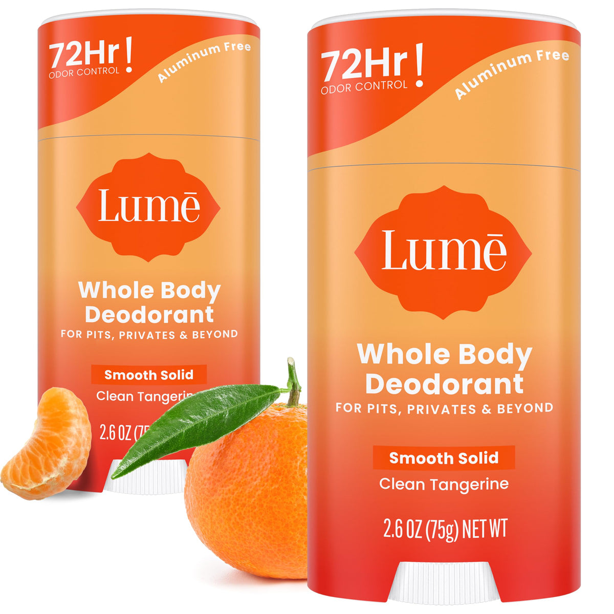 Lume Smooth Solid front stick showing Clean Tangerine label and easy-grip cap for convenience