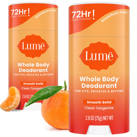 Lume Smooth Solid front stick showing Clean Tangerine label and easy-grip cap for convenience