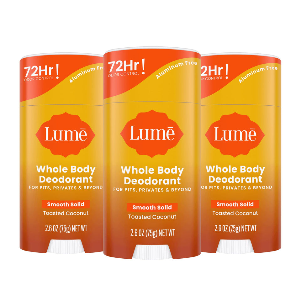 Lume smooth solid stick front packaging showing toasted coconut scent and three-pack benefit