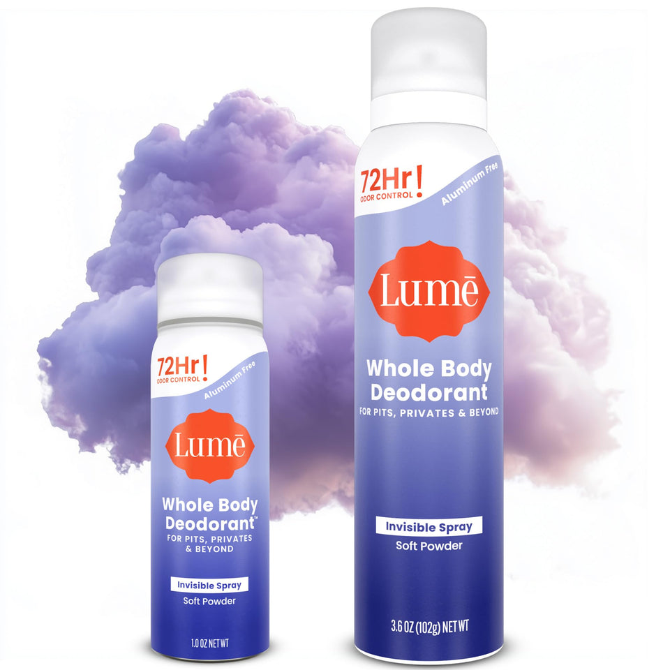 Lume soft powder front packaging showing two-piece bundle and benefit of long-lasting odor control