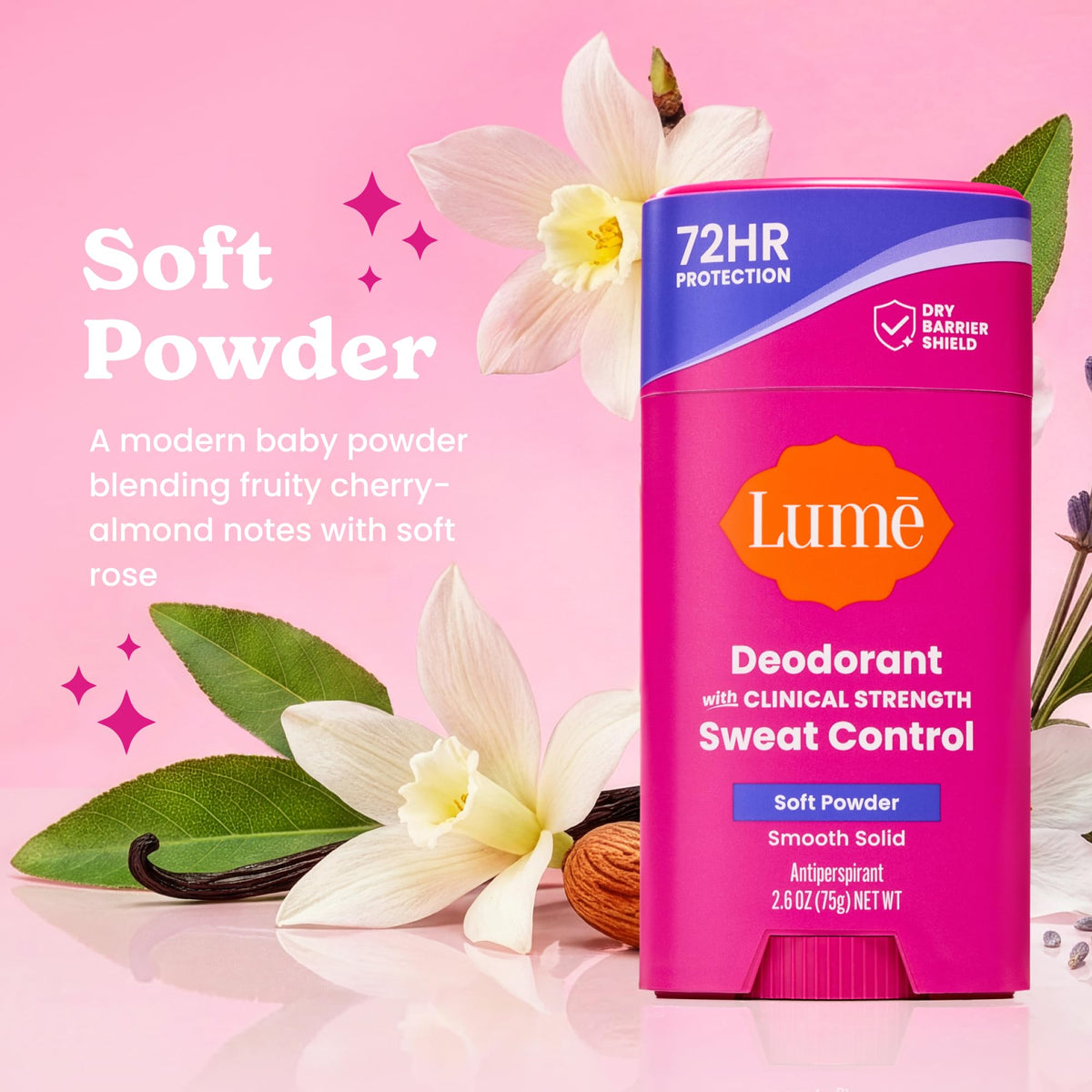 Lume close-up of soft powder stick demonstrating smooth application and comfort