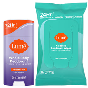 Lume soft powder stick front packaging showing scent and benefits