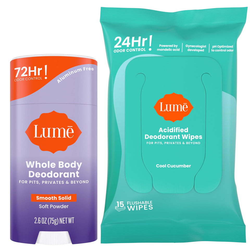 Lume soft powder stick front packaging showing scent and benefits