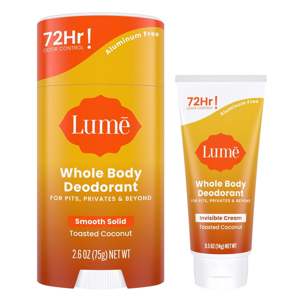 Lume solid stick front packaging showing toasted coconut benefit