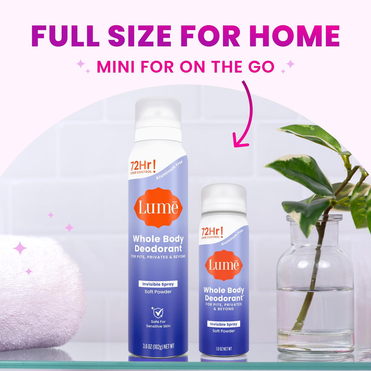 Lume spray on bathroom counter lifestyle scene showing daily routine convenience and freshness