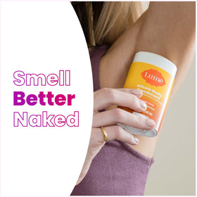 Lume deodorant styled on bathroom shelf to show lifestyle convenience and storage