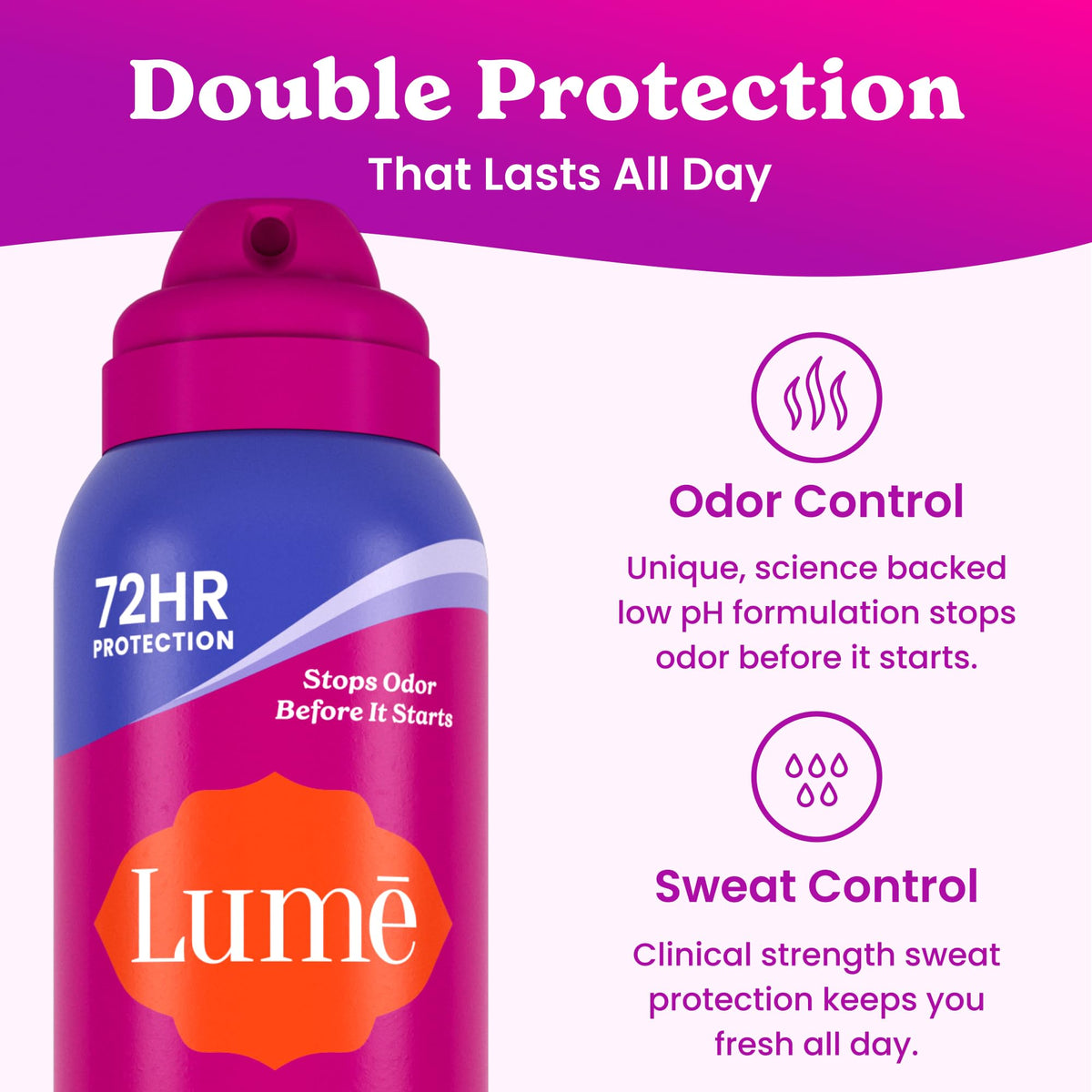 Closeup of Lume spray texture highlighting quick drying and lightweight feel
