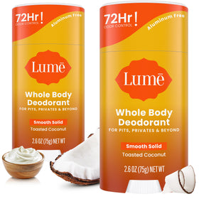 Lume Toasted Coconut front packaging showing deodorant benefits