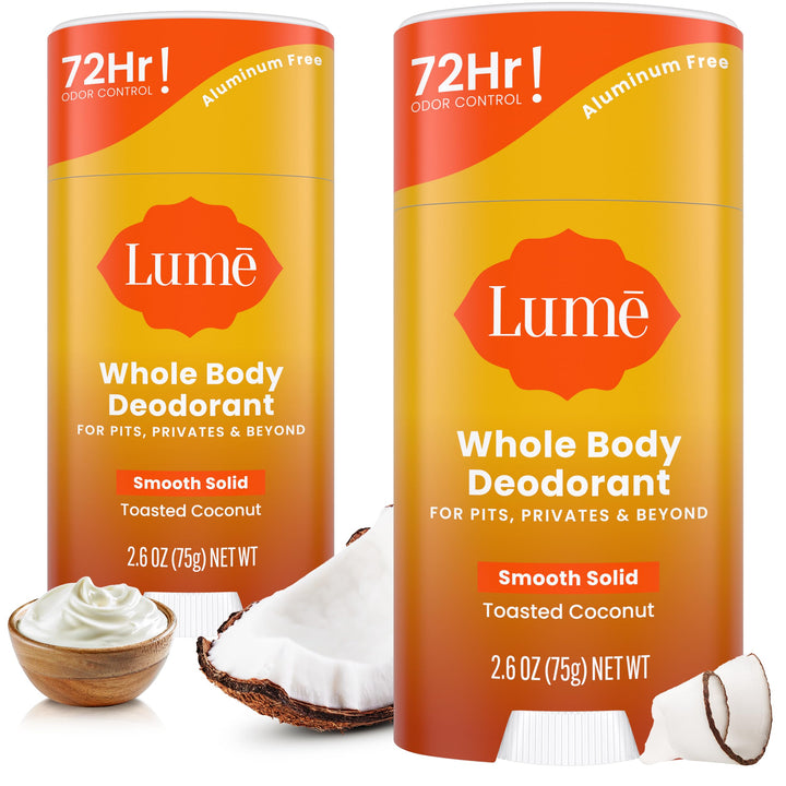 Lume Toasted Coconut front packaging showing deodorant benefits