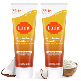 Lume toasted coconut front tube showing packaging and size benefit