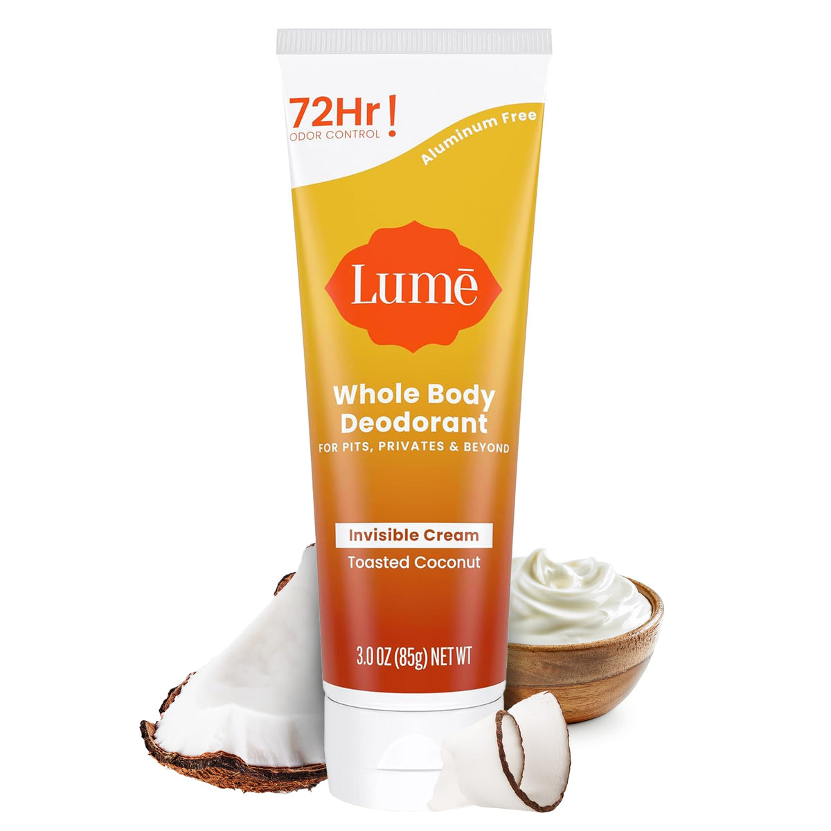 Lume tube front view showing Toasted Coconut deodorant for discreet odor control
