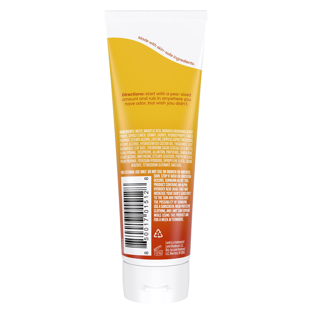 Lume tube cap open showing cream dispensing and easy application benefit