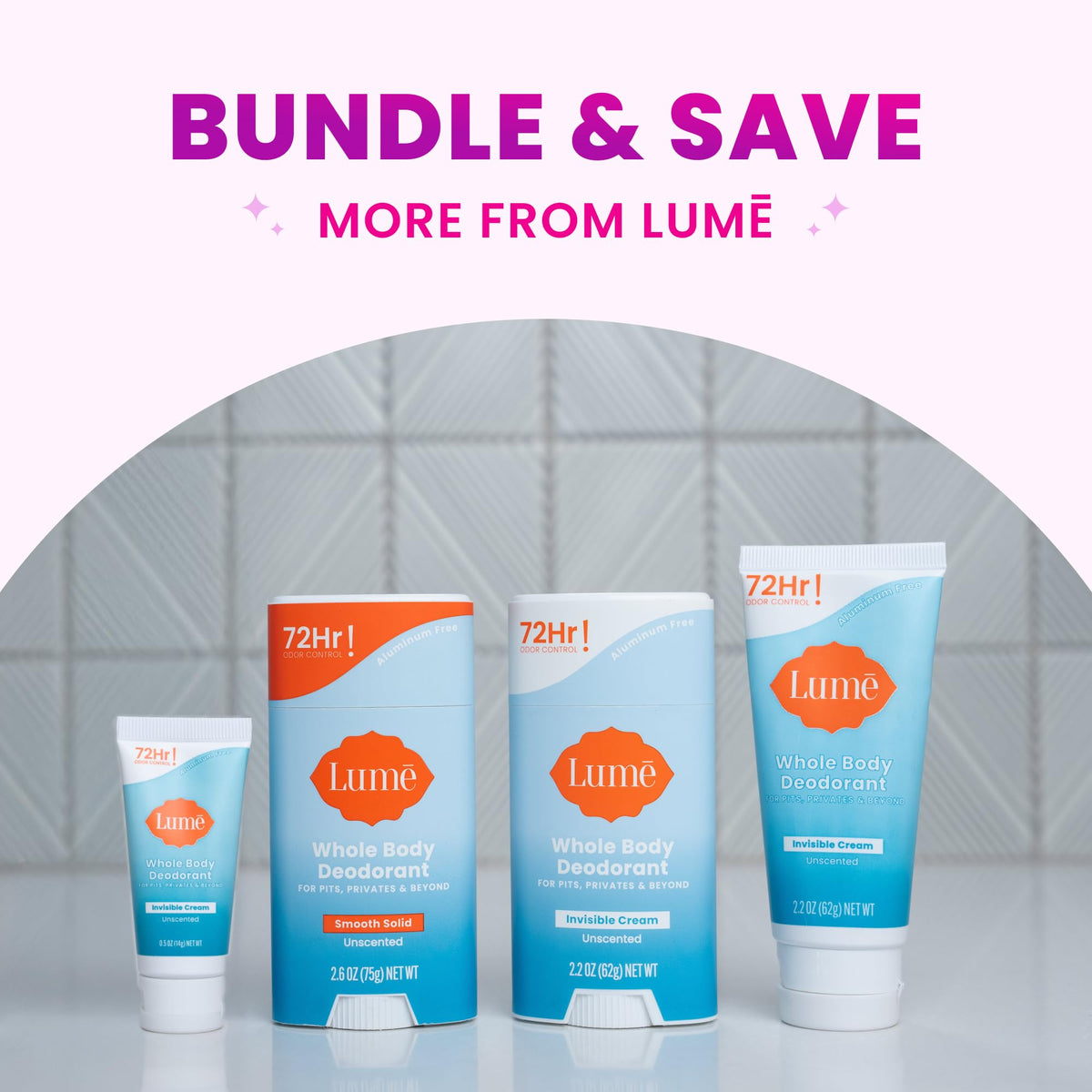 Lume stick beside toiletries on a counter showing travel-ready odor control benefit