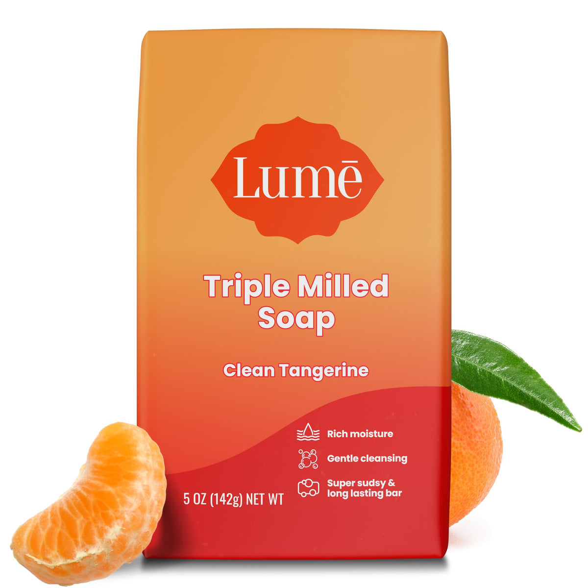 Lume triple milled bar soap front packaging showing size and scent benefit