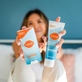 Lume tube label detail highlighting ingredient-free and doctor-developed formula